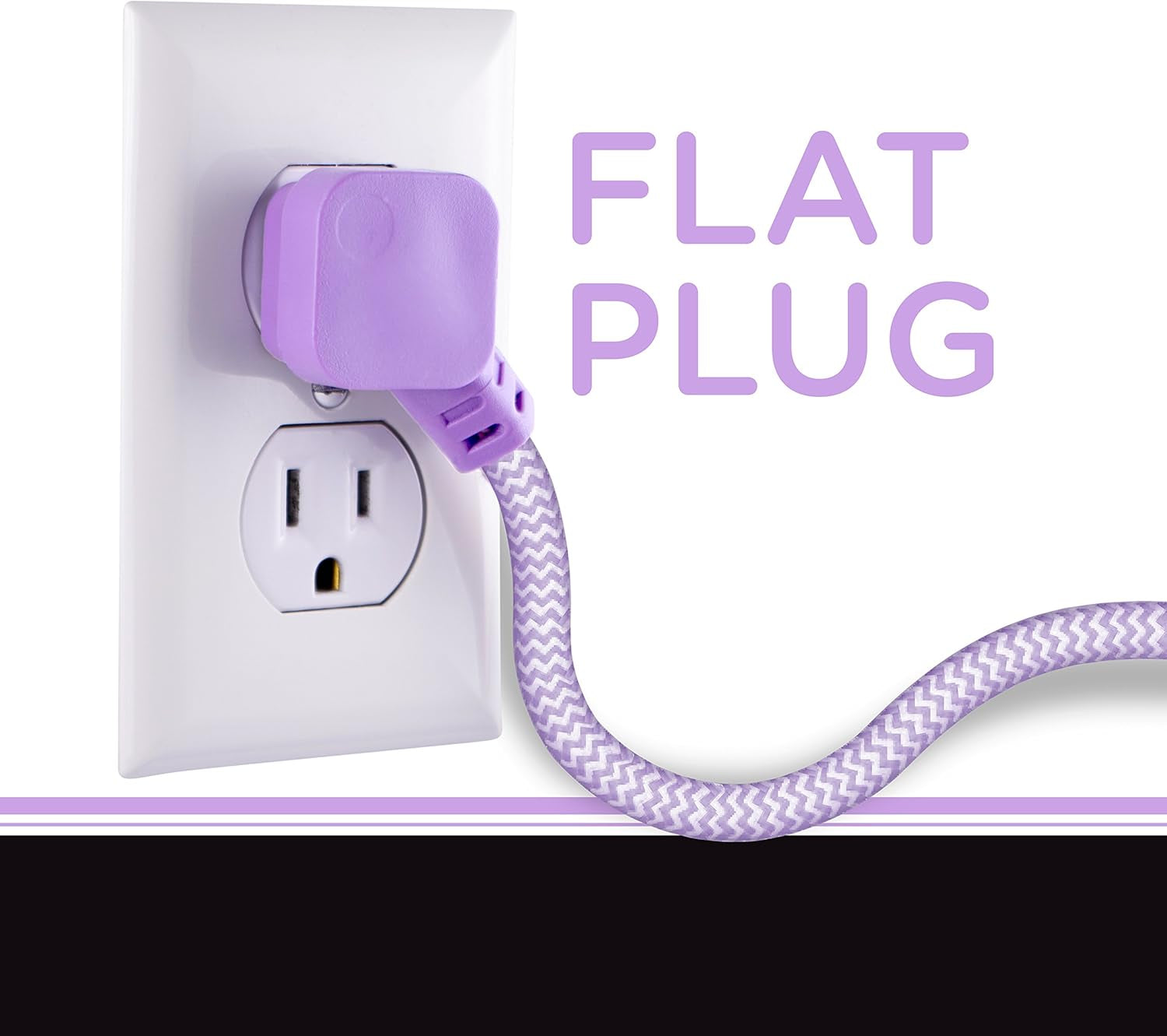 6-Outlet Surge Protector, Power Strip, Flat Plug, Braided Cord, Decorative, 3 Ft Power Cord, Wall Mount, Tangle-Free, Warranty, Lavender, 41639